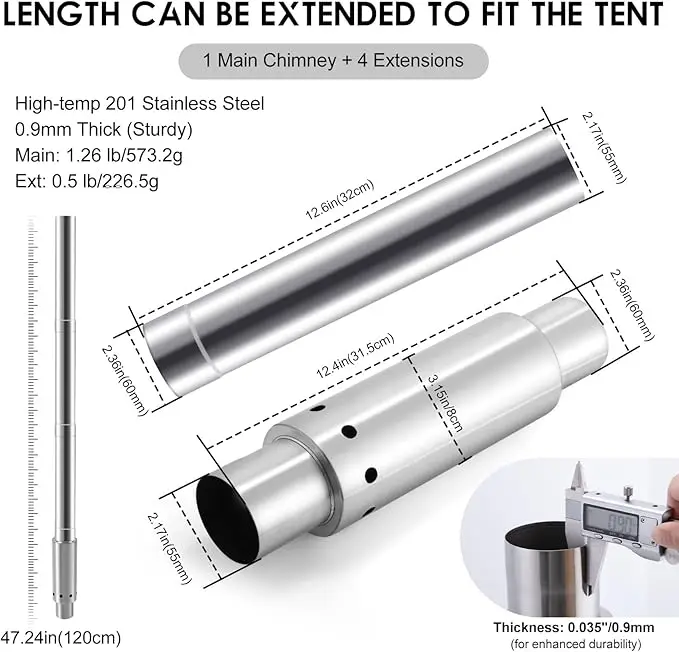 Change Moore-Juego de chimenea de combustión secundaria, 4 Uds., tecnología japonesa, estufa de leña sin humo, 1 Combustor, 3 extensiones, tienda de campaña caliente - imagen 5