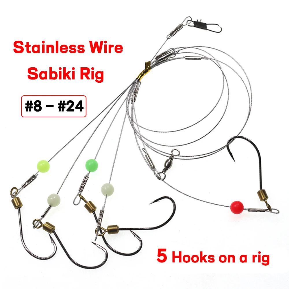 Elllv-aparejo de alambre inoxidable para pesca en agua salada, antienredos Sabiki con 5 ganchos giratorios de piezas, 2 paquetes por lote, #8 - #24 - imagen 2