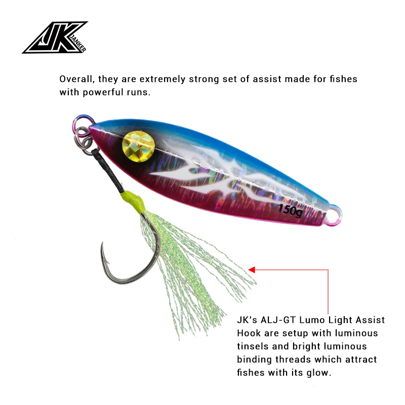 Anzuelos de asistencia JK ALJ 1/0, 2/0, 3/0, 4/0, para Jigging individual, anzuelos de agua salada con pluma brillante - imagen 5