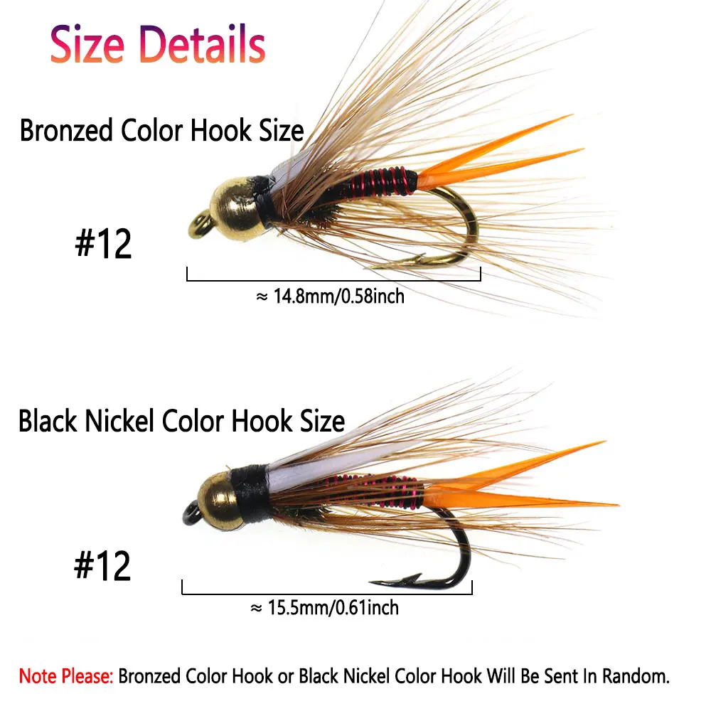 Bimoo-Señuelos de Pesca de latón, cabeza de perla de Príncipe, Nymph, gallo, Hackle, hundimiento rápido, Mosca de Ninfa, trucha, perca, Señuelos de Pesca, 5 unids/lote por caja, 12 # - imagen 4