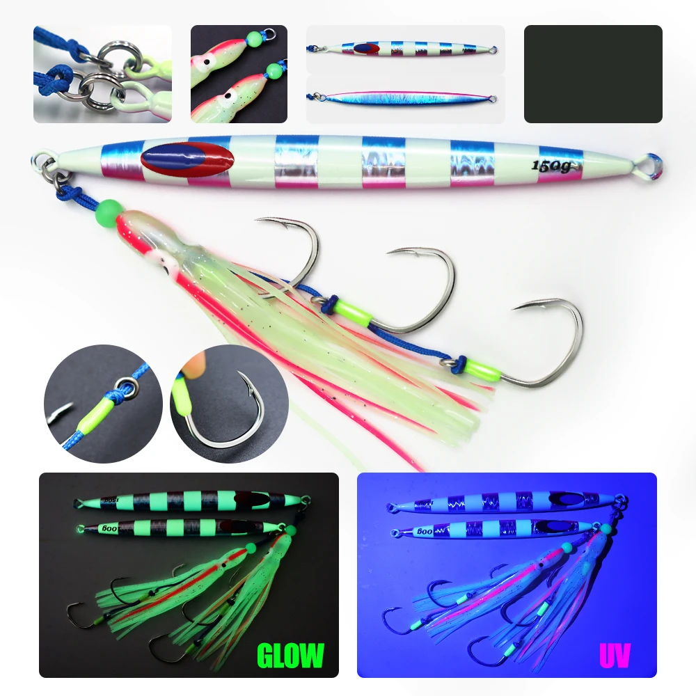 ZYZ-cebo tipo lápiz para pesca en el mar, JIG 100g, 150g, 200g con anzuelo luminoso de cuerda de calamar, señuelo de pesca de aguas profundas, aparejos Fakebait, 1 ud. - imagen 4