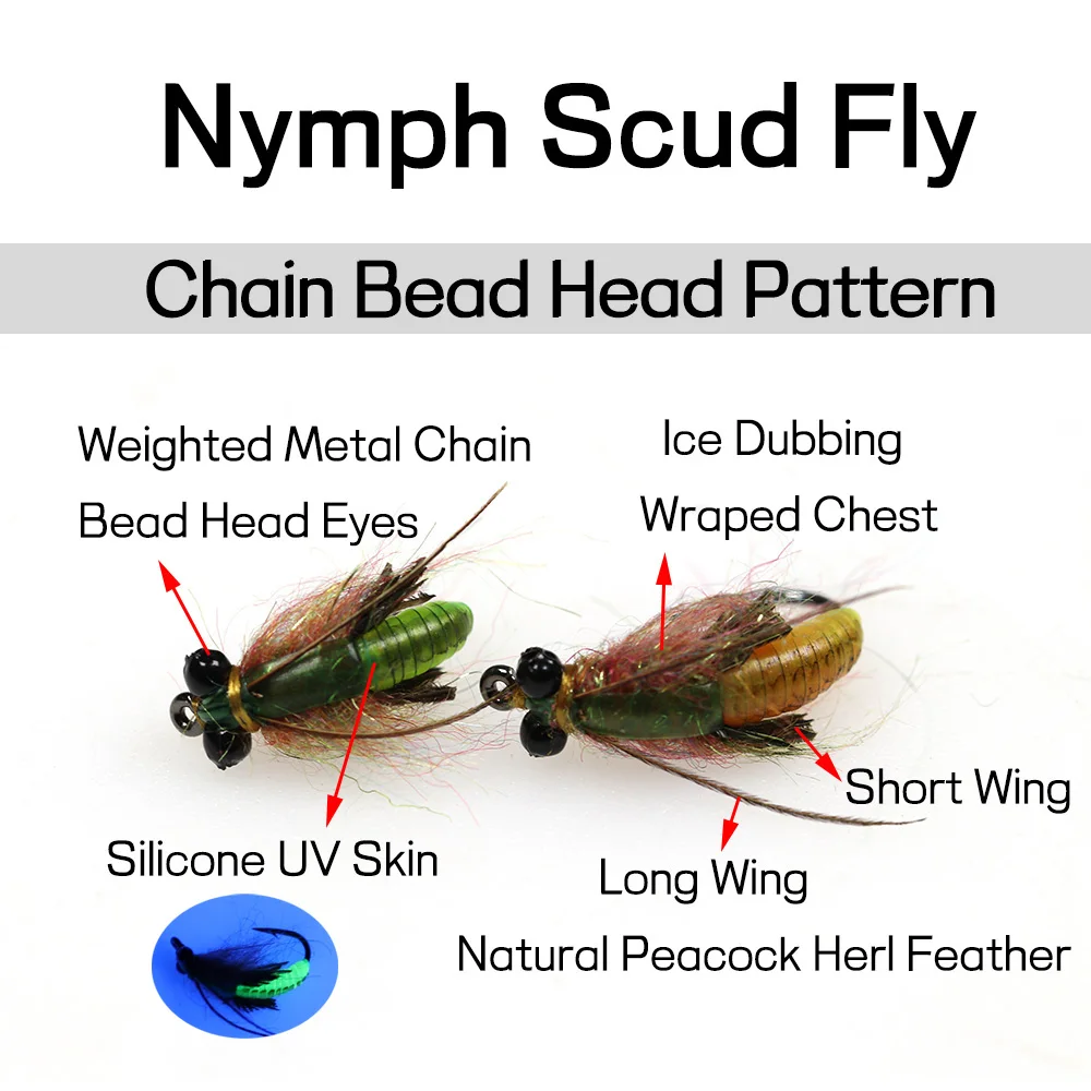 Bimoo-cadena con abalorios para pesca de trucha, señuelo de cebo de insectos artificiales, ninfa, Mosca de pesca Caddis, 8 unidades, #8, #10 - imagen 2