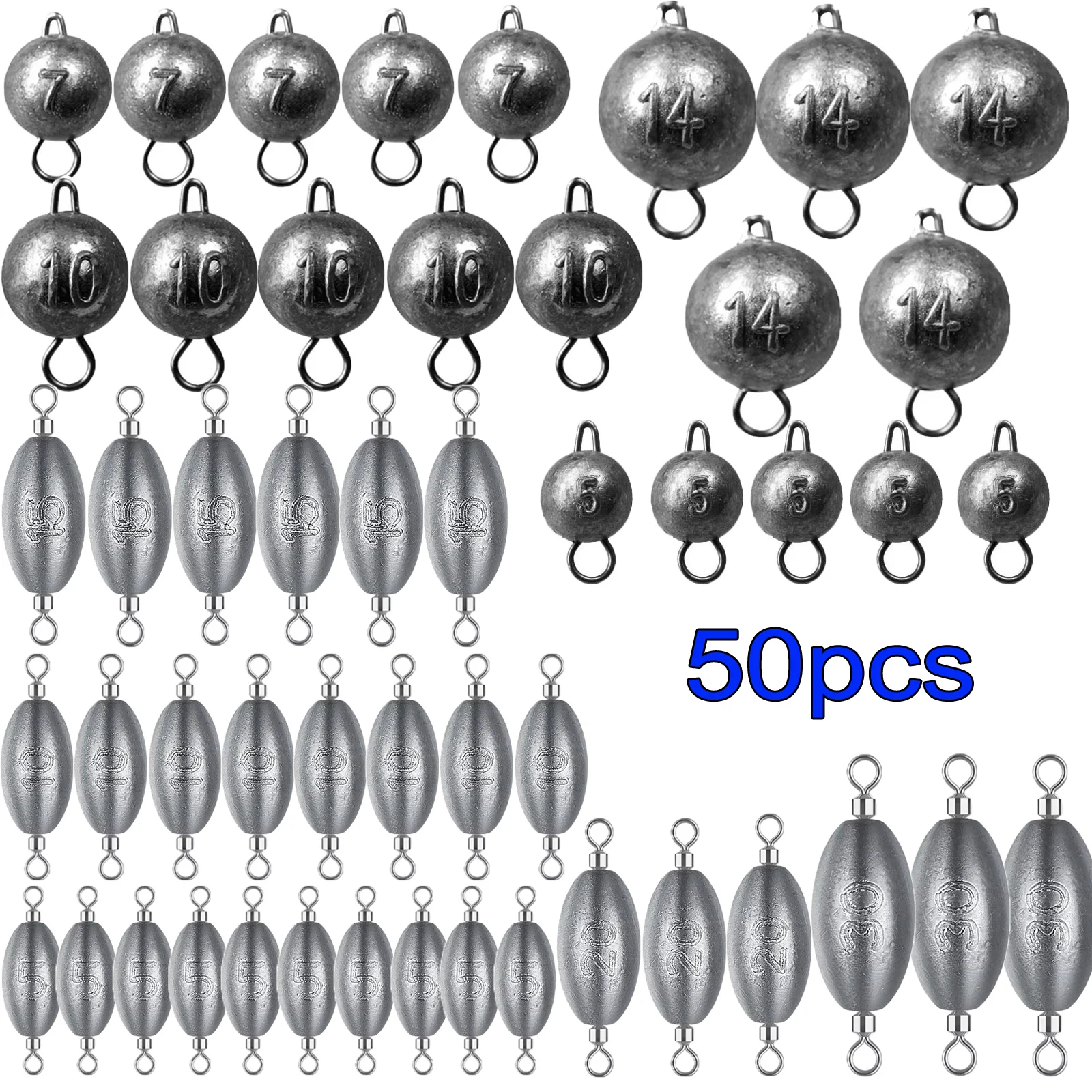50 Uds. Kit de pesas de pesca, pesas para uñas, tiro directo, peso de pesca tipo bala para aparejo loco, aparejo Texas, aparejos de pesca de lubina y trucha