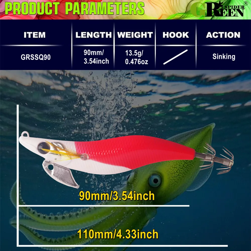 GREENSPIDER cebo de calamar 90mm 13,5g plantilla de calamar luminosa cebo Artificial para Webfoot pulpo EGI sepia Señuelos de pesca de mar - imagen 3