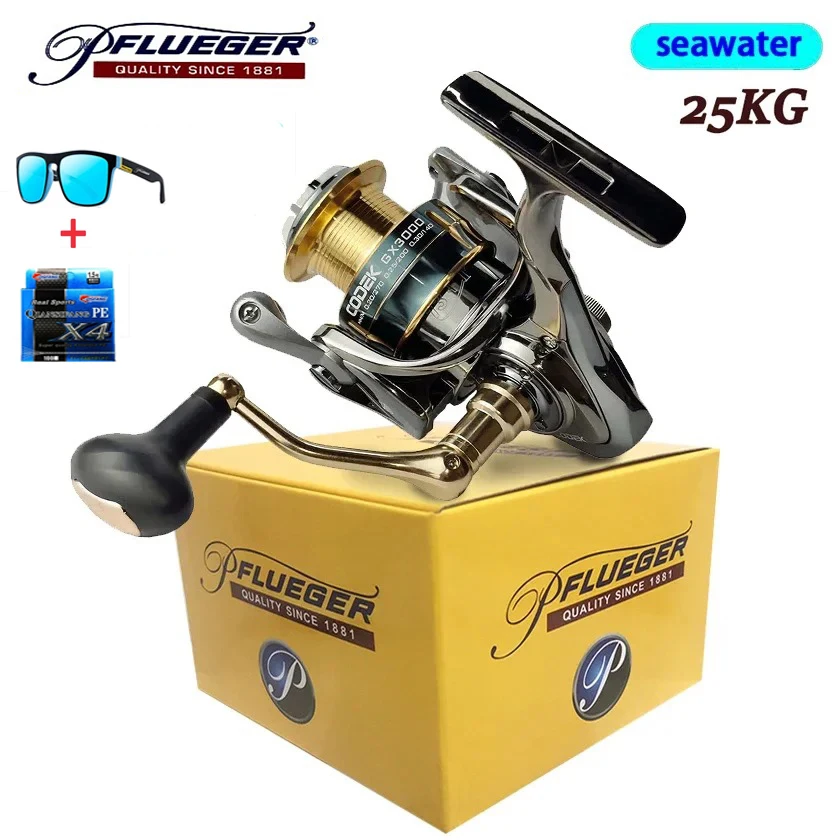 Pflueger carrete giratorio totalmente metálico 5 + 1 rodamientos de bolas carrete de pesca de agua salada de fibra de carbono ligero sistema de arrastre suave 4,7:1 engranaje - imagen 2