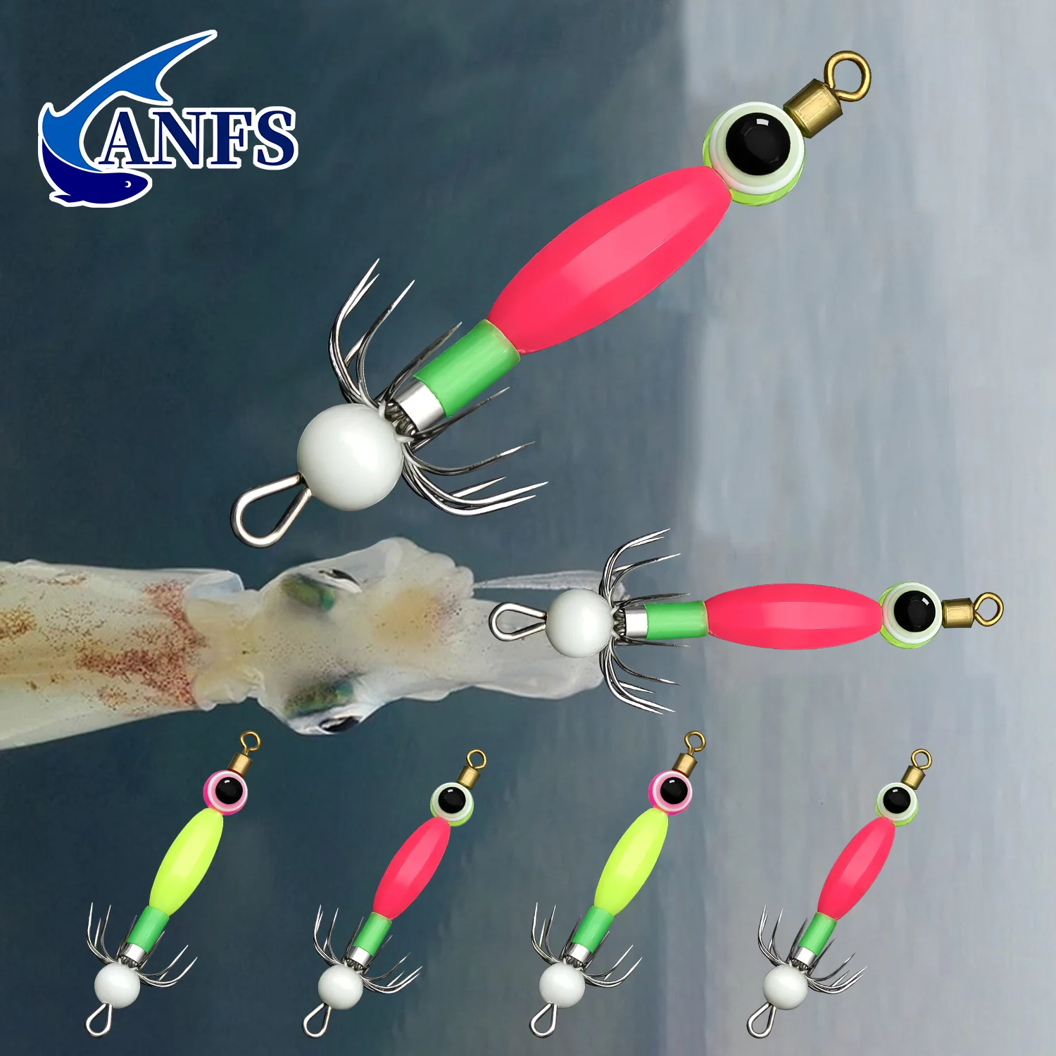 ANFS 4 Uds anzuelos de calamar para pesca en barco, anzuelos de pesca con cuentas luminosas para pesca nocturna - imagen 3