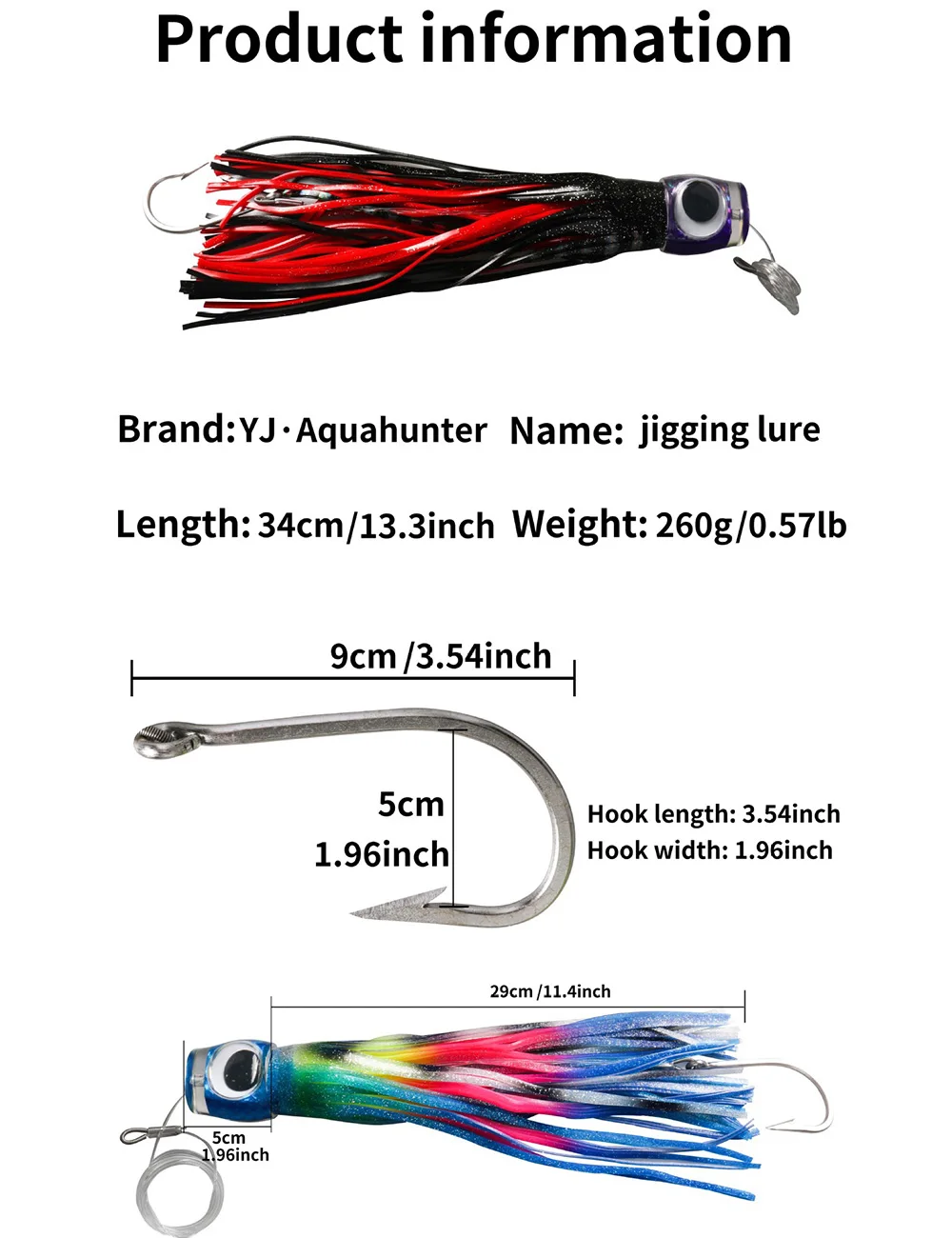 Señuelos de atún de falda de curricán, 34cm, 260g/13,4 pulgadas, 9oz, anzuelo de pesca para barco de aguas profundas, señuelos de agua salada para Mahi Marlin Wahoo, 1 unidad - imagen 5