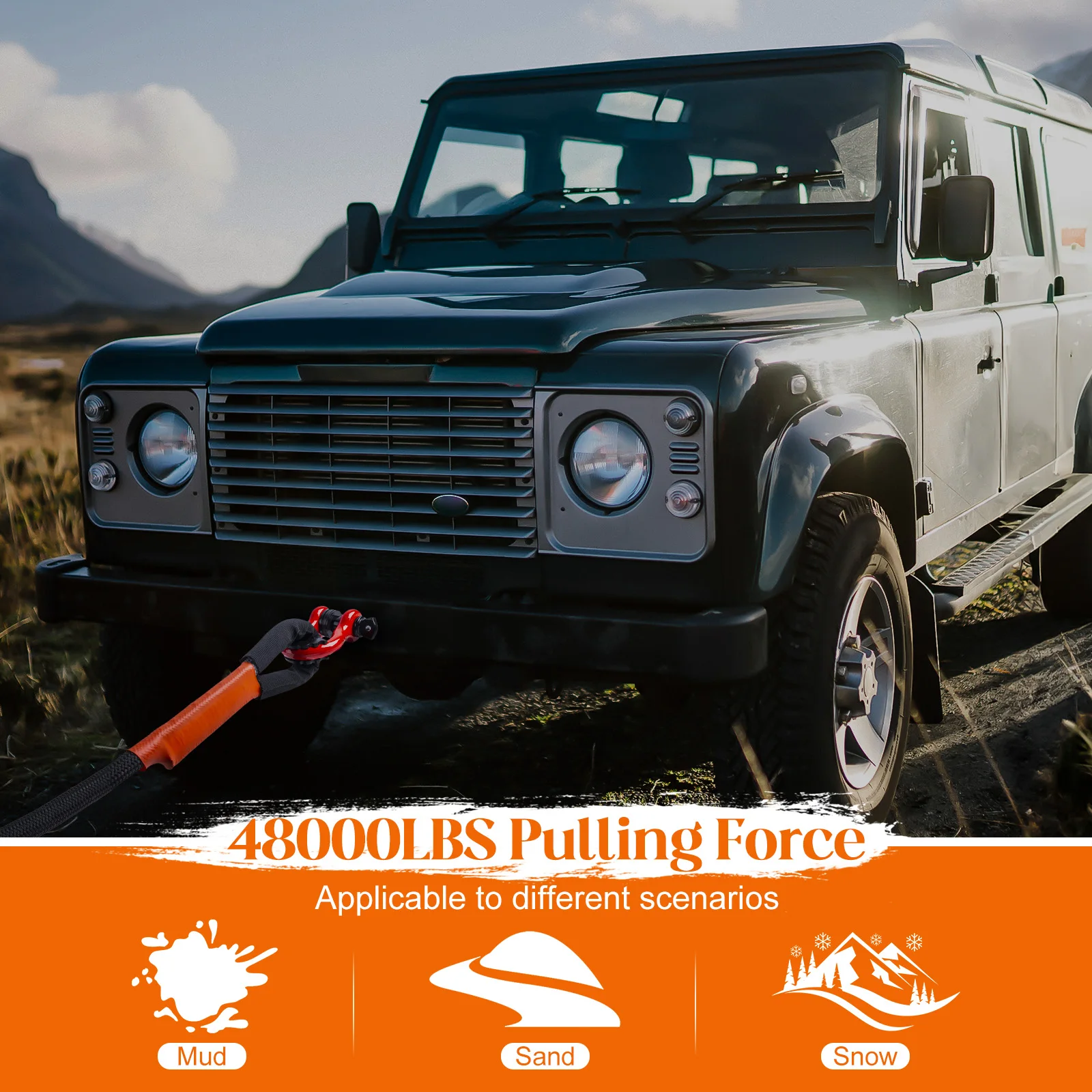 Cuerda de recuperación cinética Goture, 48000 libras, 1 pulgada x 30 pies, resistente 20 + % de elasticidad, límite de carga de trabajo de 41000 libras para vehículos todoterreno 4x4 - imagen 3