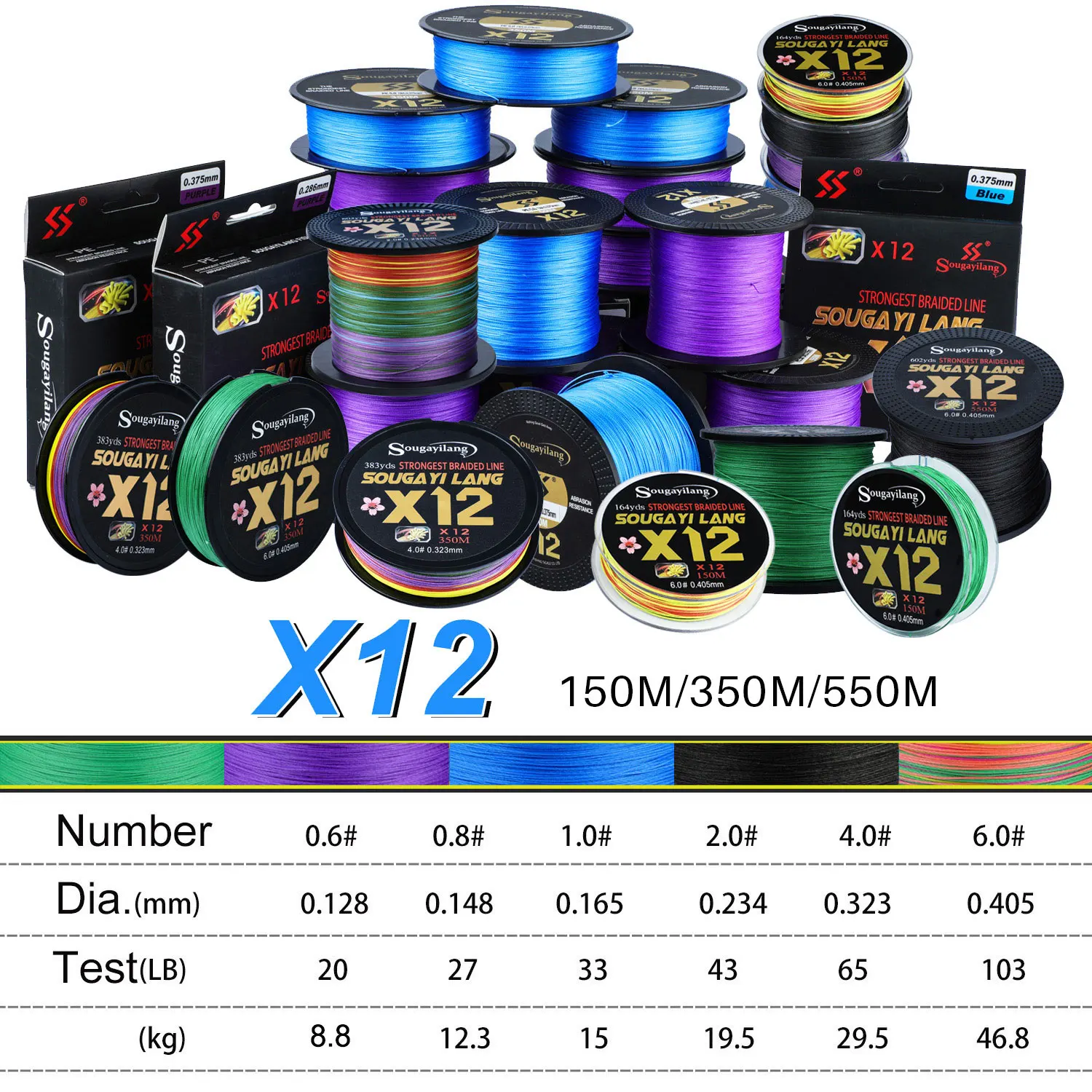 Sougayilang nuevo X12 súper fuerte 12 hebras hilo de pescar trenzado 150M 40LB multifilamento PE línea aparejos de pesca de agua salada - imagen 4