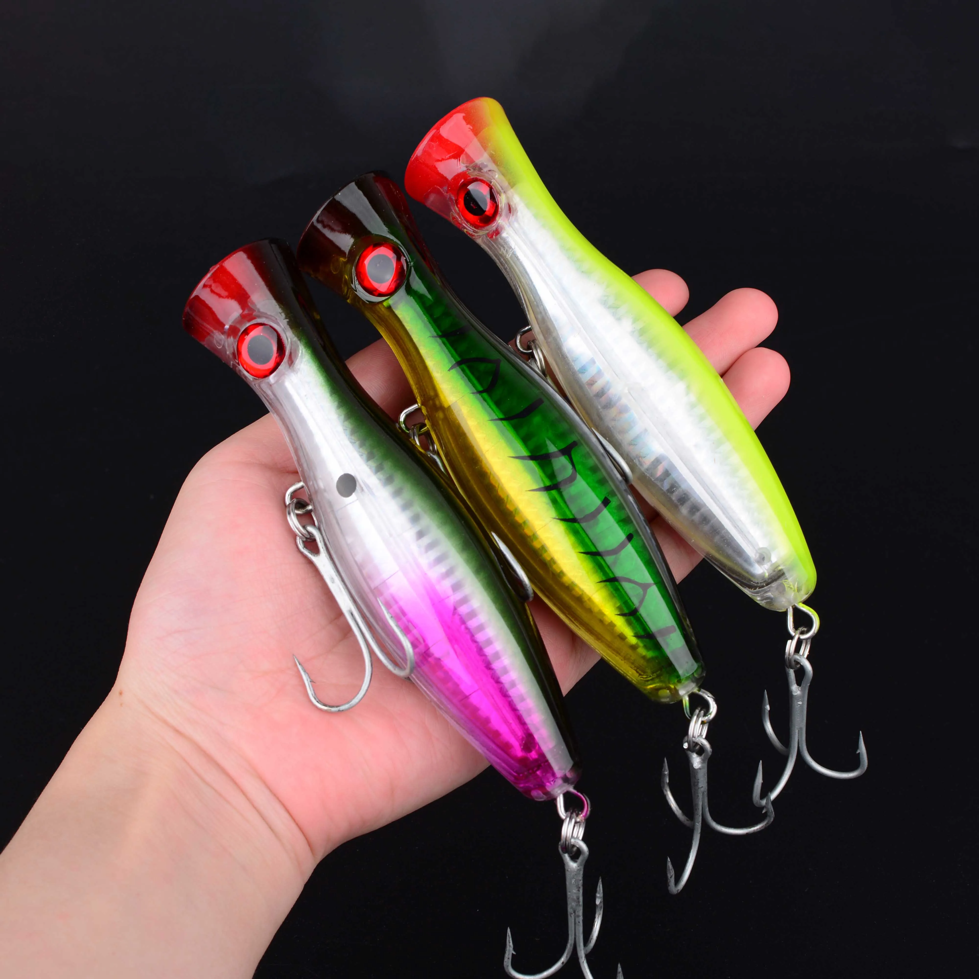 Señuelo de Pesca Popper grande, anzuelos triples, manivela, ojos 3D, cebo duro Artificial, carpa, Lucio, aparejos de Pesca, 6 uds. - imagen 5