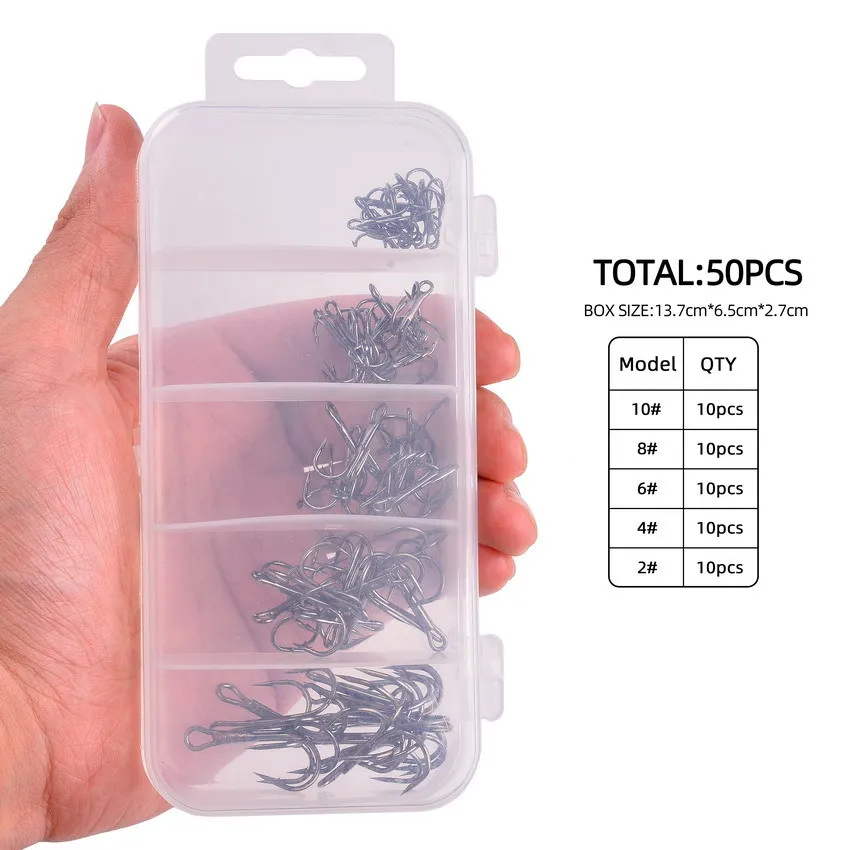 50 unidades/caja 2 # -10 #   Anzuelo de pesca de acero rico en carbono, anzuelos triples volcados, aparejos de pesca, triples redondos para lubina - imagen 5