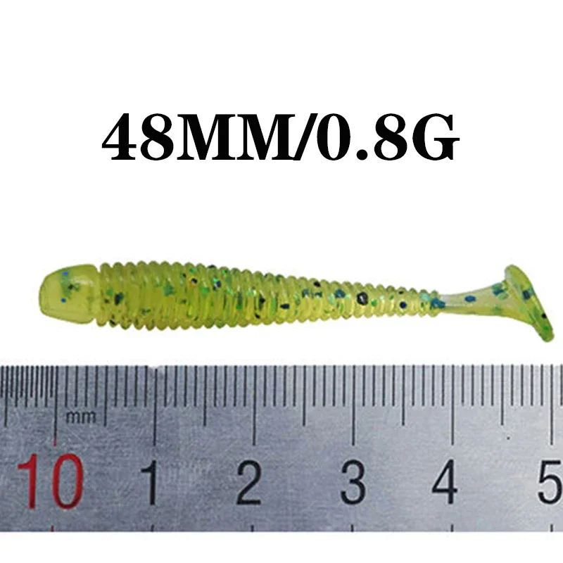 20 piezas gusanos de Pesca, señuelos blandos, 4,8 cm, 0,8g, cebo Artificial de silicona, Jig Wobblers con cola en T en espiral, Swimbaits, carpa, lubina, Pesca - imagen 2