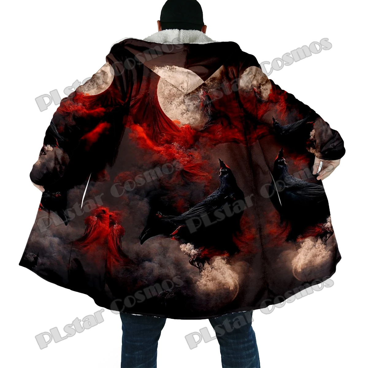 Capa de moda de invierno para hombre, capa con capucha de lana gruesa con estampado 3D de calavera de cuervo de Halloween, capa cálida informal Unisex BB62 - imagen 2