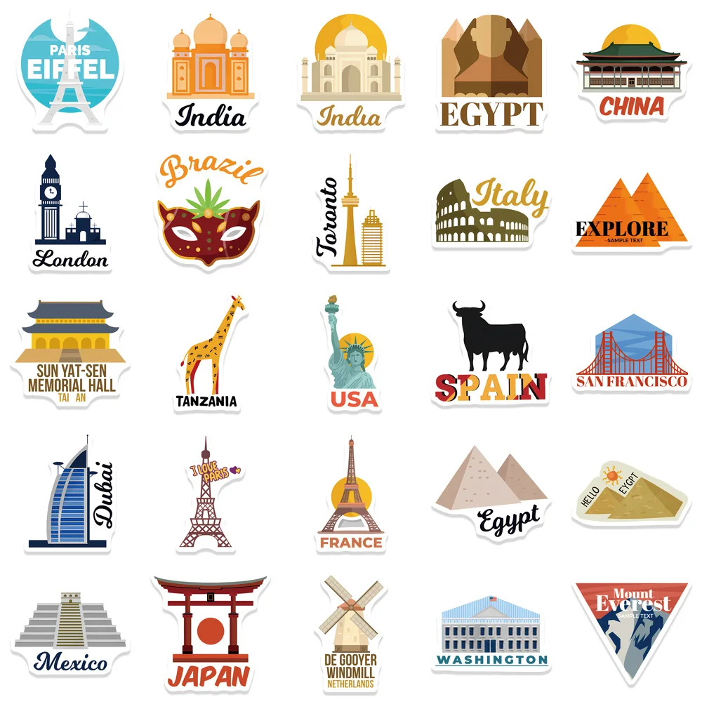 50 Uds. Pegatinas de grafiti de monumentos de ciudades del mundo, teléfono, guitarra, portátil, Notebook, maleta, taza, pegatinas impermeables, juguetes para niños - imagen 5