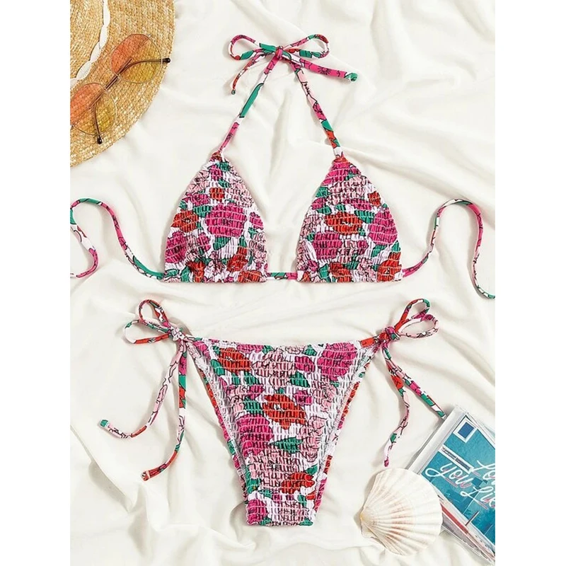 Bikini triangular con cuello Halter para mujer, conjunto de dos piezas con estampado de flores, plisado, con lazo lateral, traje de baño Sexy - imagen 5