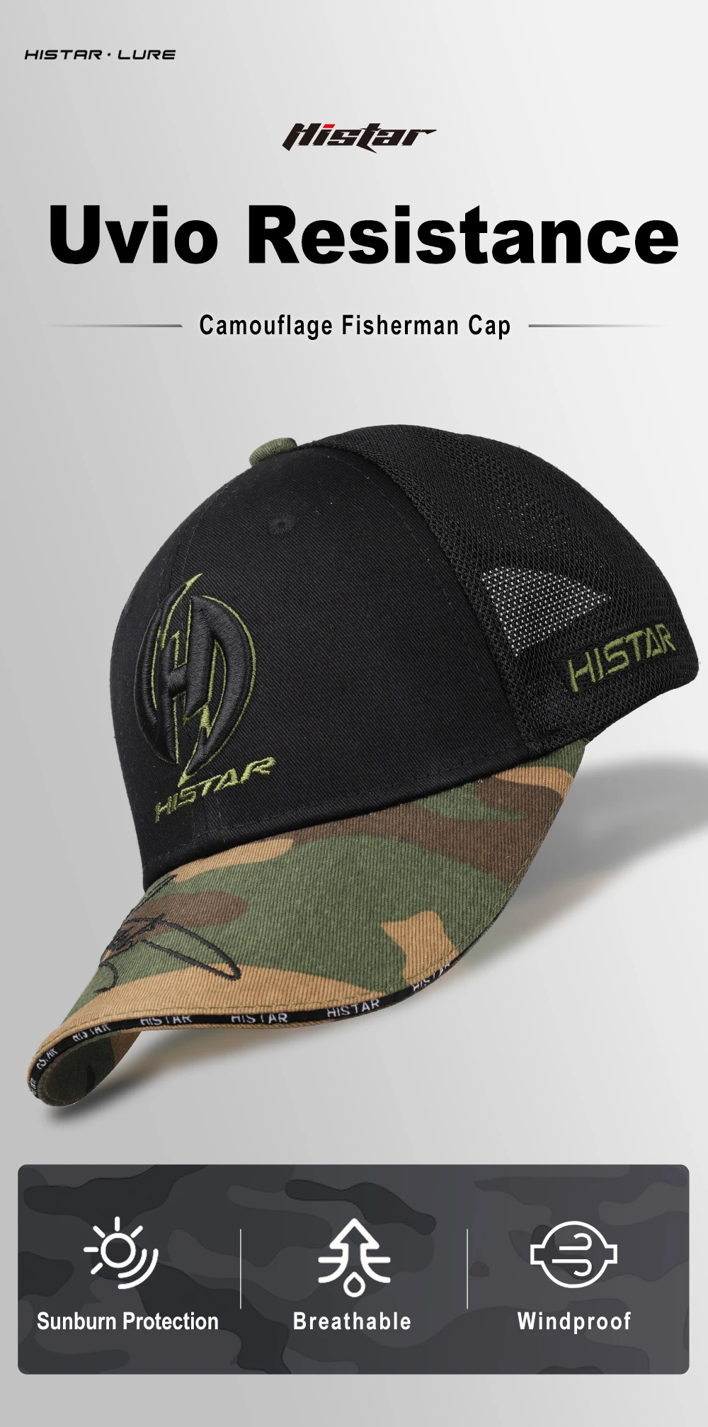 Gorra de pesca HISTAR con diseño de malla transpirable y ala curva