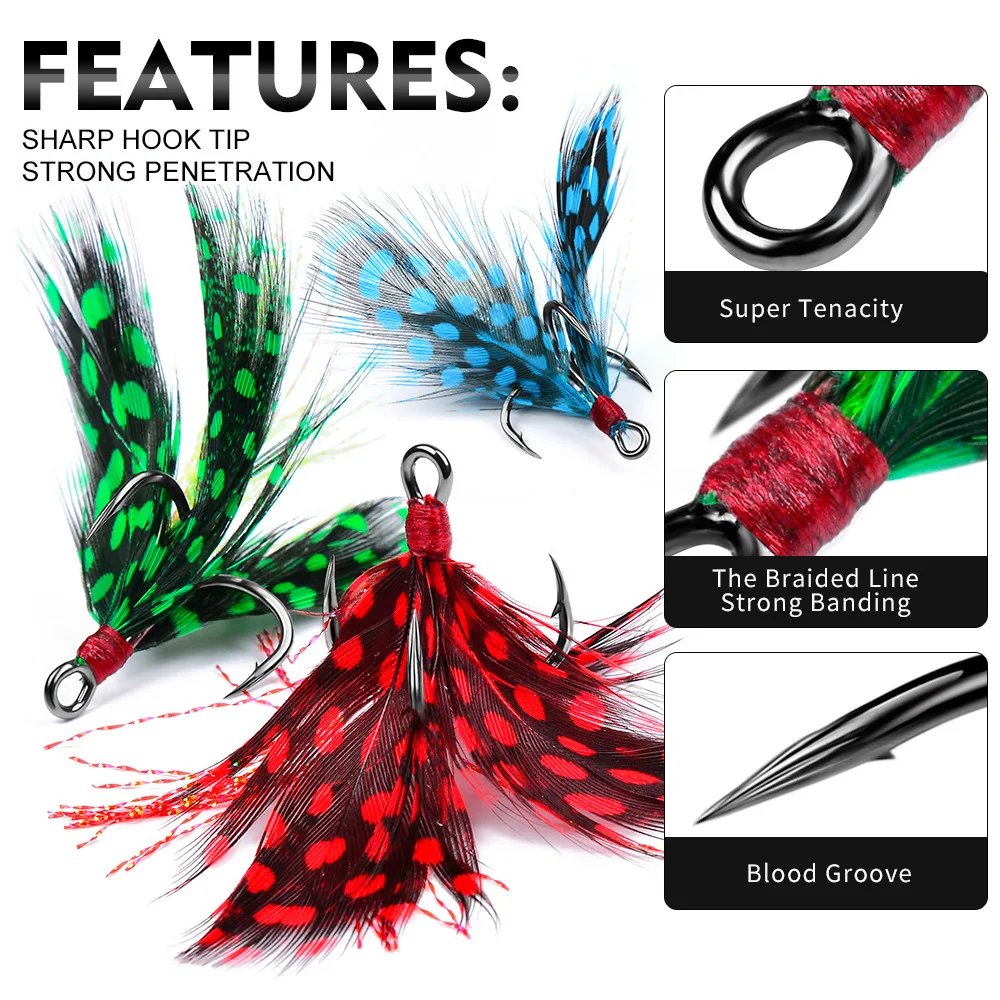 10 ganchos triples de asistencia con plumas # 2-10 Pesca con mosca anzuelo de púas individuales con plumas Señuelos de Pesca de lubina accesorios de Pesca - imagen 3