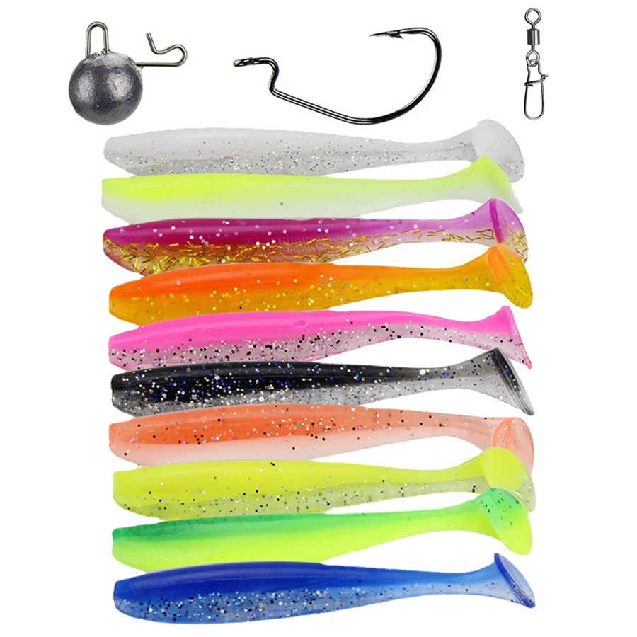 Señuelos de pesca blandos para lubina, trucha, Walleye Crappie25Pcs/Set, 10 Uds. De señuelos de plástico blando, 5 uds. De anzuelo, 5 uds. Giratorios y 5 uds. De peso