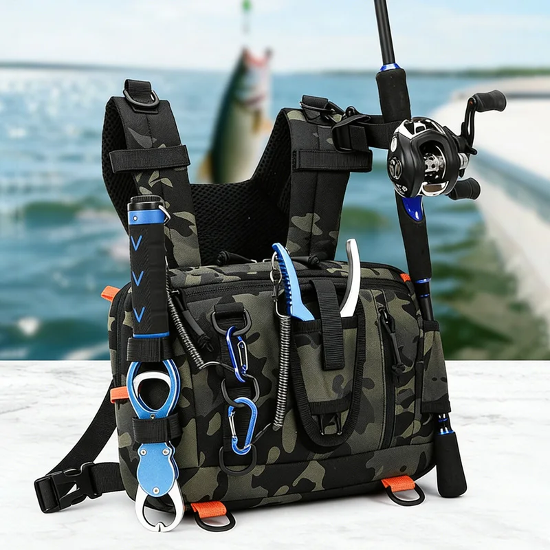 Chaleco de pesca con bolsillos camuflaje para aparejos