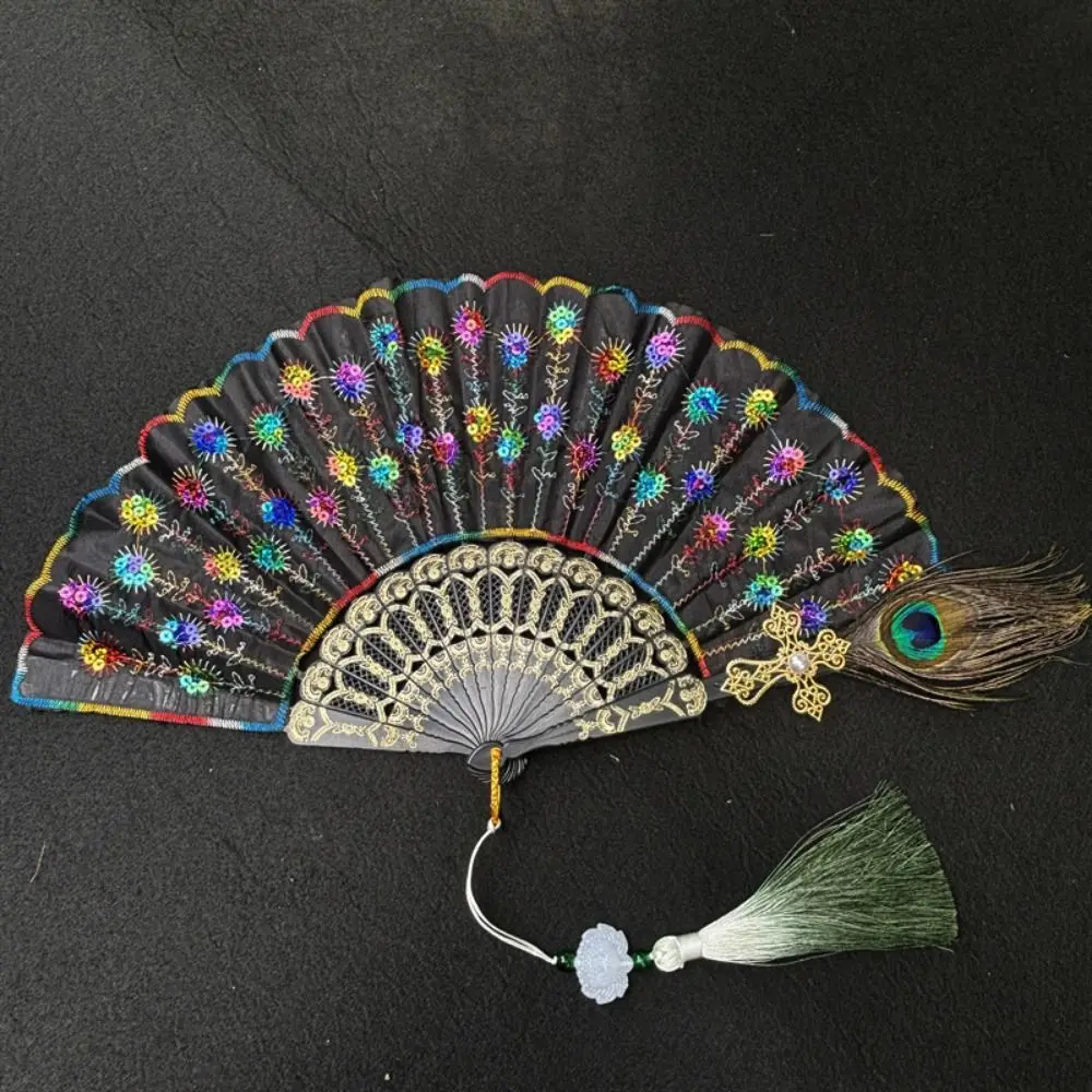 Abanico Plegable de Encaje con Mango Negro, Bordado con Lentejuelas, Longitud: Aproximadamente 35 cm, Abanico para Espectáculo de Cheongsam, 65 cm con Colgante - imagen 4