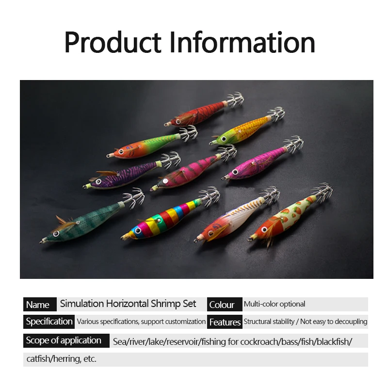 Anzuelo de calamar de camarón de madera artificial, cebo de pesca de calamar luminoso, cebo de pesca de camarón de madera, cebo falso, 10 piezas - imagen 5