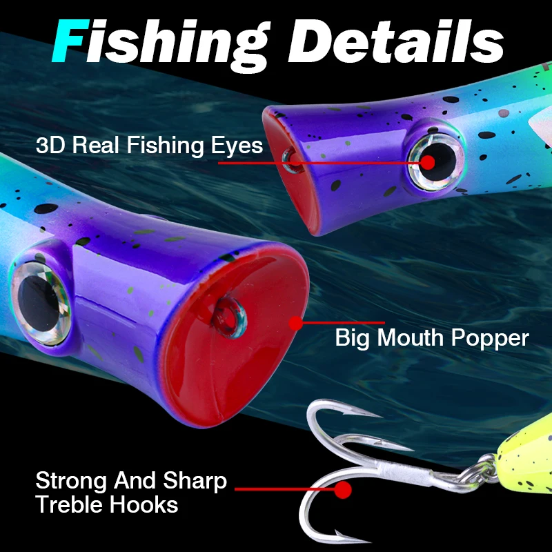 FJORD-señuelo de pesca Popper, cebo de superficie flotante Topwater de 49g con anzuelos triples, cebos duros de mar de agua salada de boca grande, productos de pesca - imagen 5