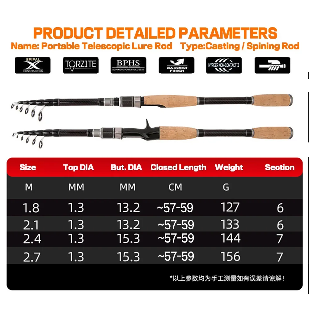 Caña de pescar telescópica portátil ultraligera, caña de carbono giratoria de 1,8 M-2,7 M con mango de madera para aparejos de pesca con señuelo - imagen 3
