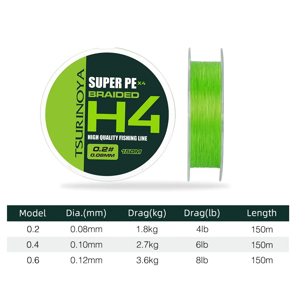 TSURINOYA-sedal de pesca de PE, 150m, 4 tejidos, H4, 4-8lb, juego ligero, juego de trucha, fundición larga, 4 hebras trenzadas, línea multifilamento suave