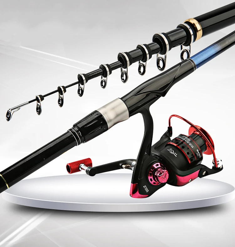 Una caña de pescar con un carrete y señuelo adjunto