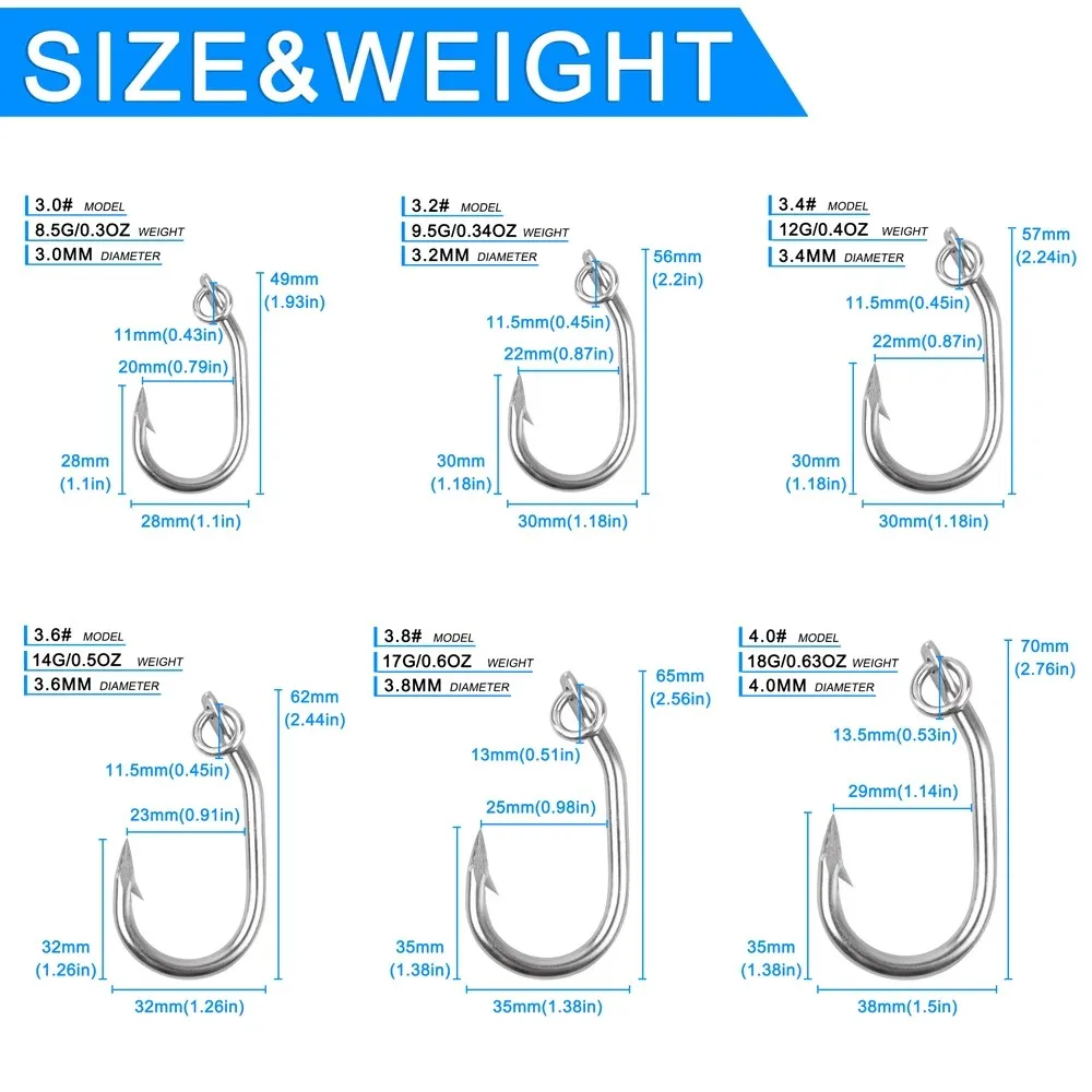 12 Uds. Anzuelos de pesca de atún, cebo vivo de agua salada, anzuelo de pesca de acero inoxidable, juego grande, anzuelos circulares anillados para atún, bagre, tiburón - imagen 2