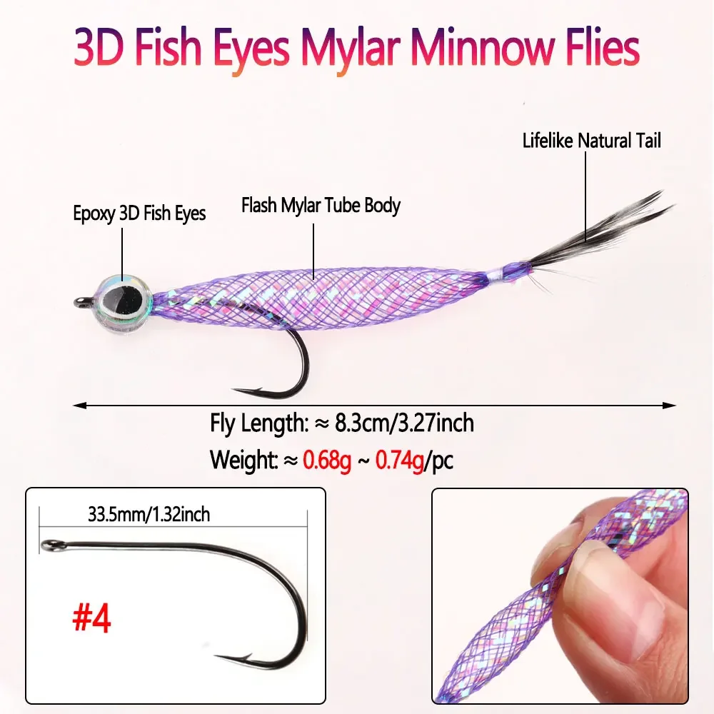 Bimoo # 4 2/4 Uds 3,27 pulgadas 3D ojos de pez Mylar Minnow moscas Flash tubo Baitfish mosca lubina trucha Steelhead salmón Señuelos de pesca - imagen 3