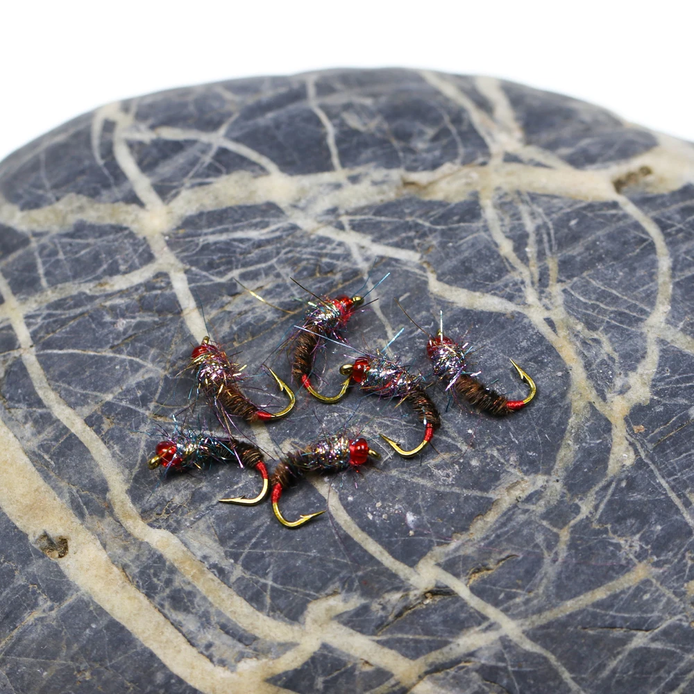 Wifreo 6PCS # 14 cabeza de cuentas rojas de plástico Midge ninfa pavo real Herl Hackle mosca atado gancho Arco Iris trucha pesca de lubina moscas señuelos cebo - imagen 5