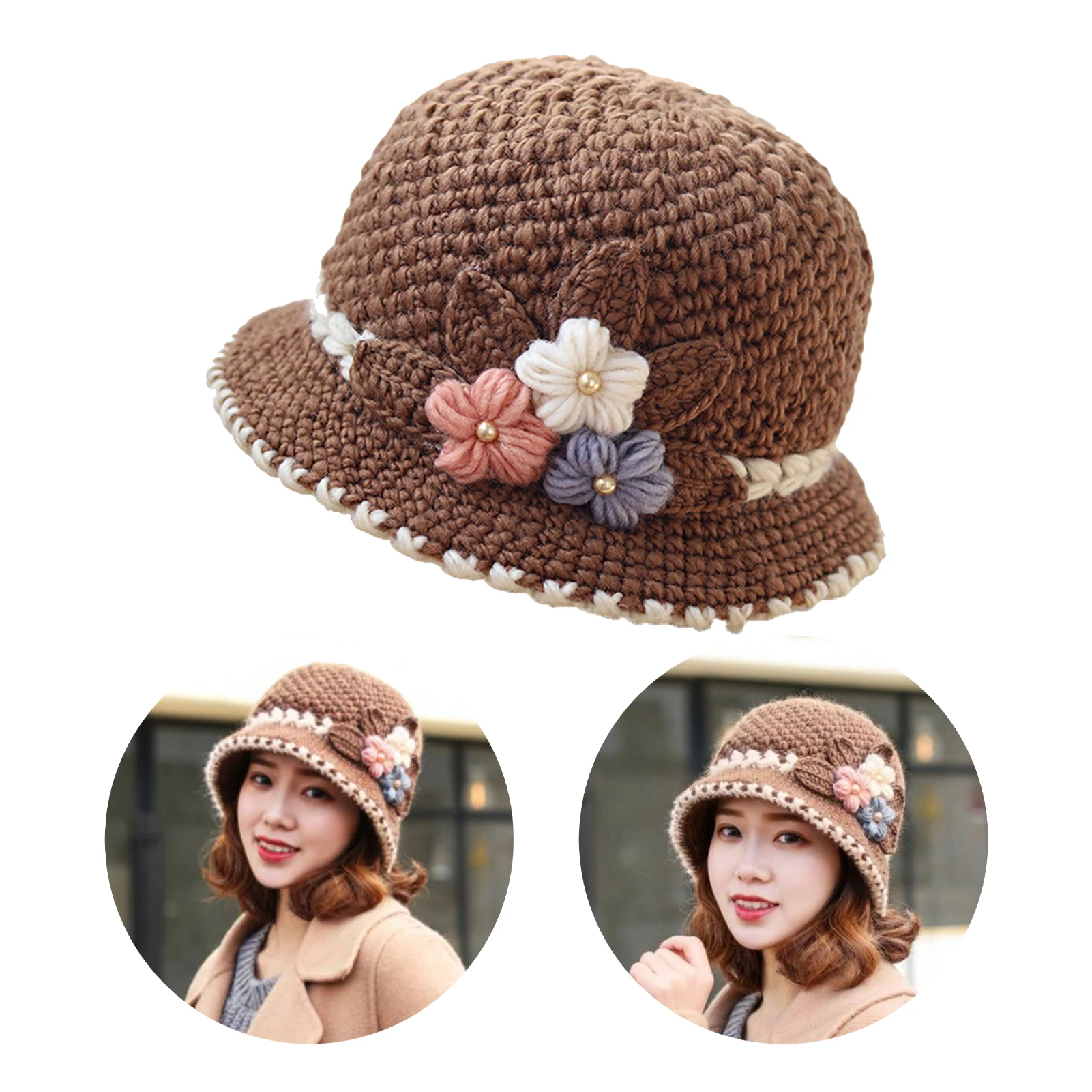Gorro cálido a la moda, gorro tejido con diseño de flores elegante para mujer, gorro grueso a prueba de viento para invierno y exteriores, gorros para ciclismo, montar y acampar - imagen 4