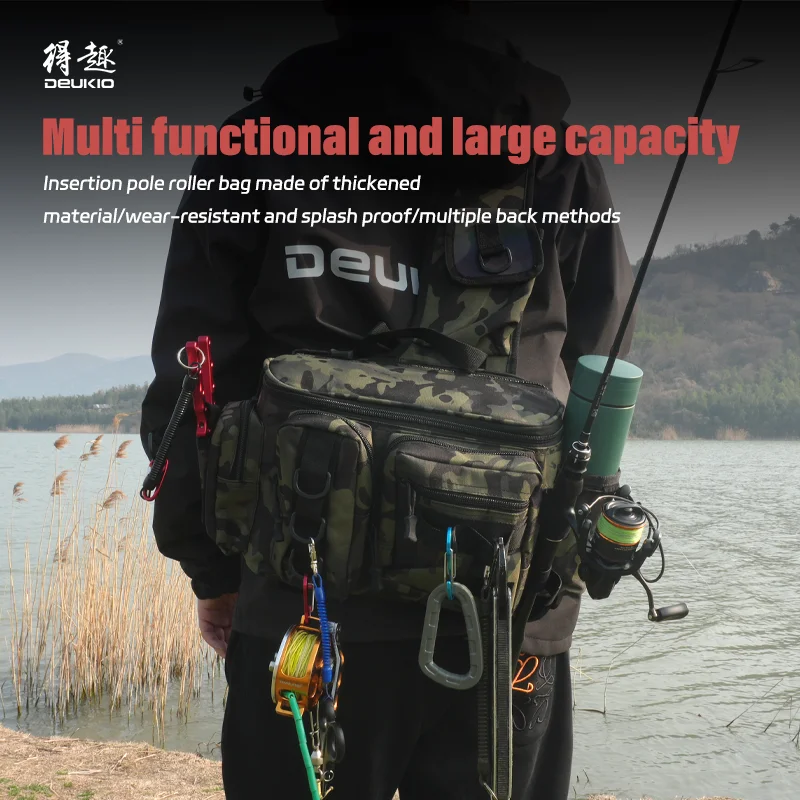 DEUKIO-mochila para aparejos de pesca, caja de señuelos, bolsa de almacenamiento de engranajes, riñonera para pesca con mosca, con soporte para caña, bandolera - imagen 3