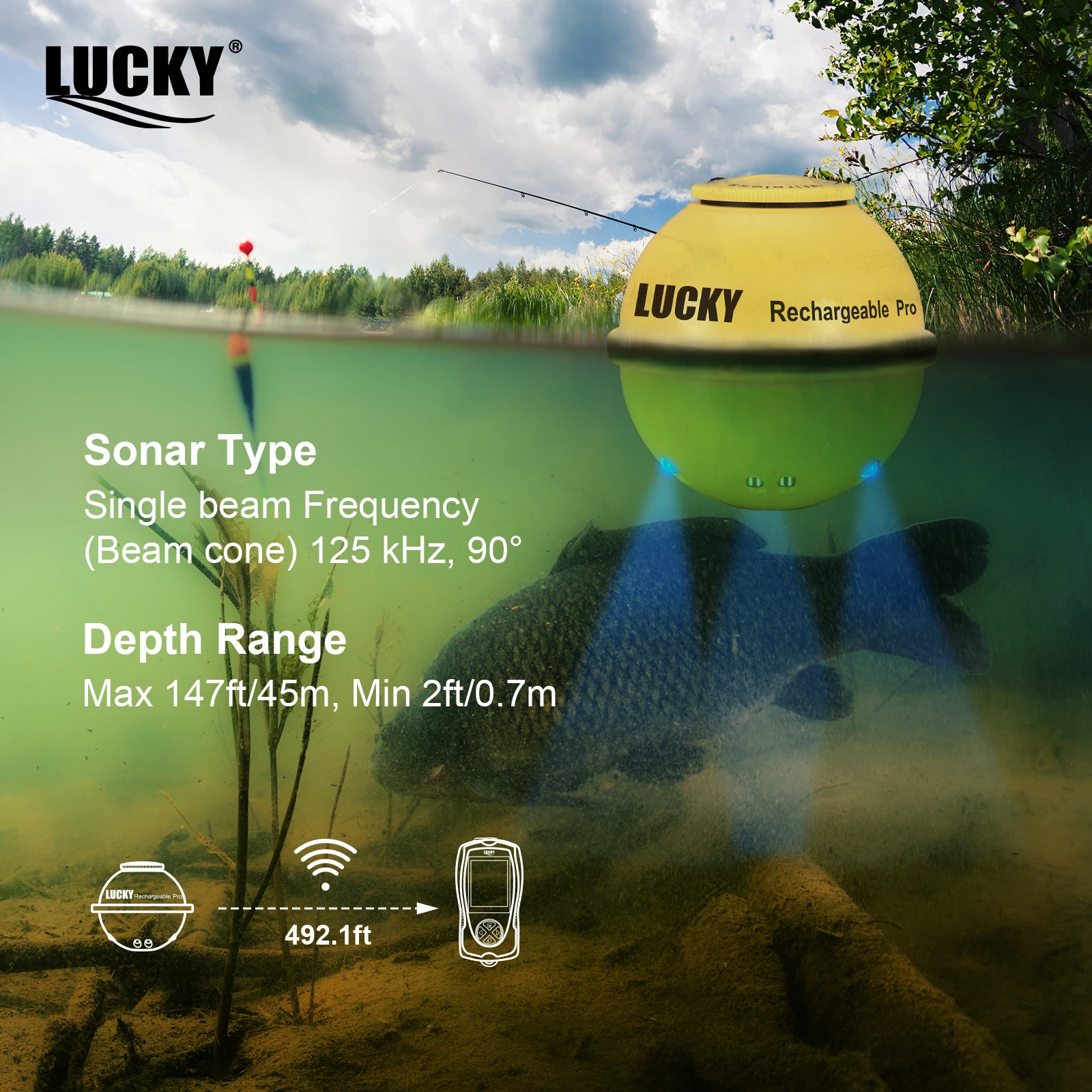 LUCKY FF1108-1CWLA Sonar inalámbrico recargable para pescar 45M de profundidad de agua buscador de peces portátil - imagen 4