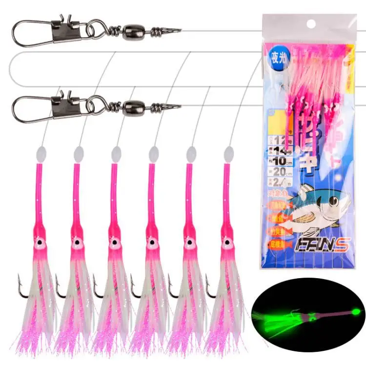 1 set 6-Hooks Luminous Octopus Mackerel Feathers Sabiki Bait Rigs with String Lures Fishing Squid Marathon Rigs Fishing Lure Set - imagen 3