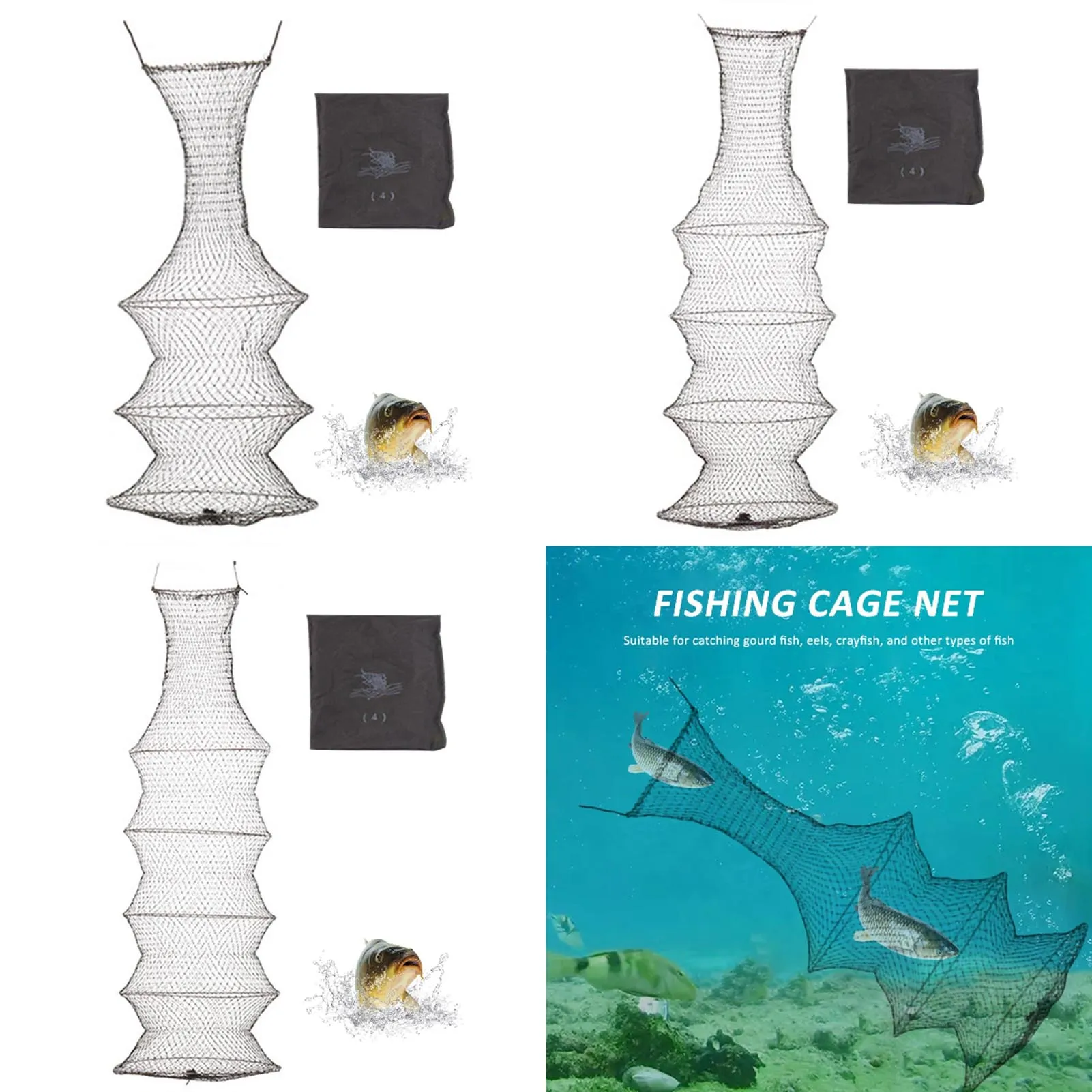 Red de pesca portátil plegable con aro de acero y bolsa tejida - imagen 2