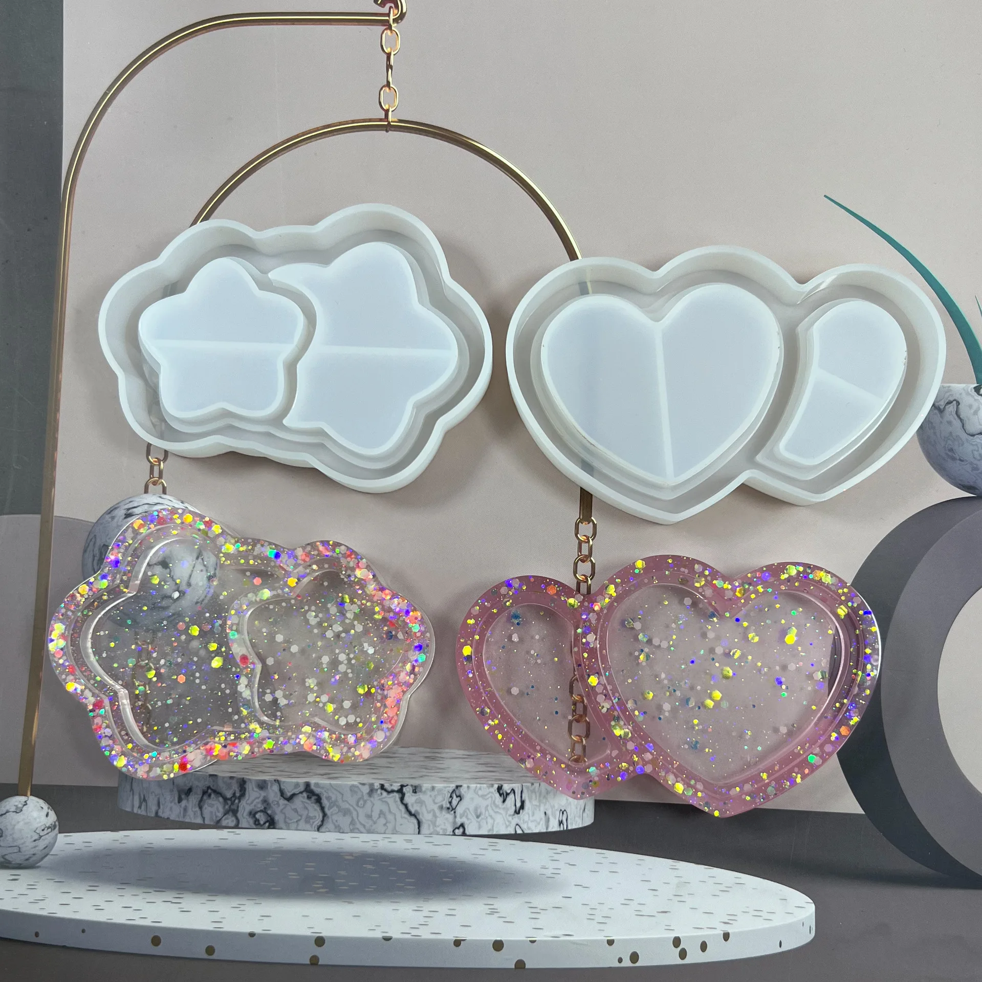 Bandeja con forma de corazón doble, molde de resina, posavasos de nube, moldes de silicona DIY, molde de plato de almacenamiento de resina epoxi con estrella de cinco puntas - imagen 2