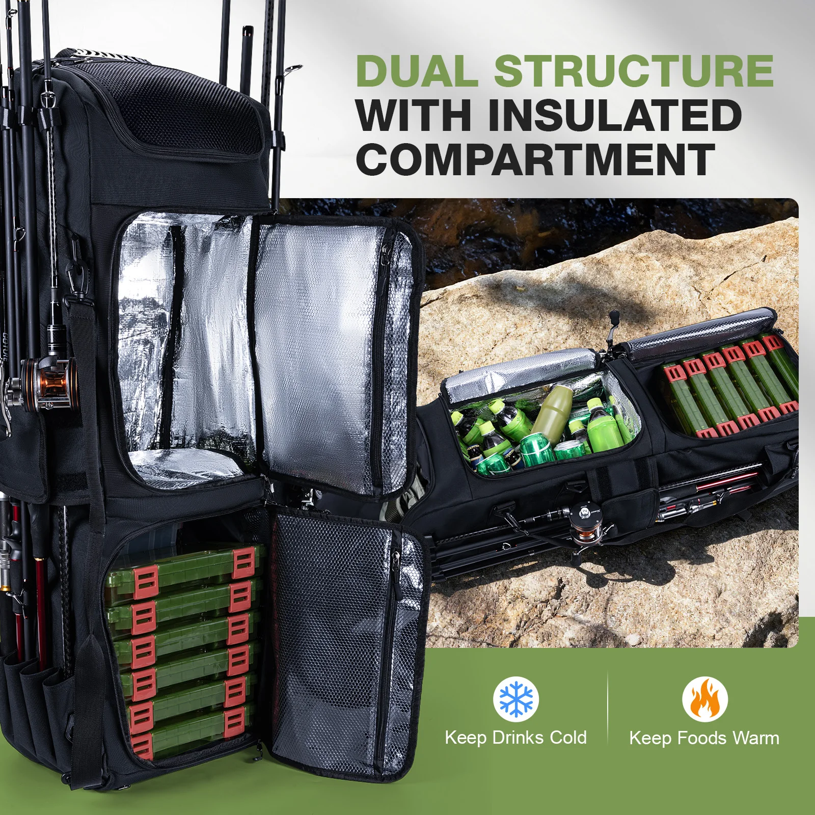 Goture-bolsa grande para aparejos de caña de pescar, 110L, 3 capas, multibolsillo, 99x47x28cm, 600D Oxford con capa aislante, bolsa para acampar y cazar - imagen 4