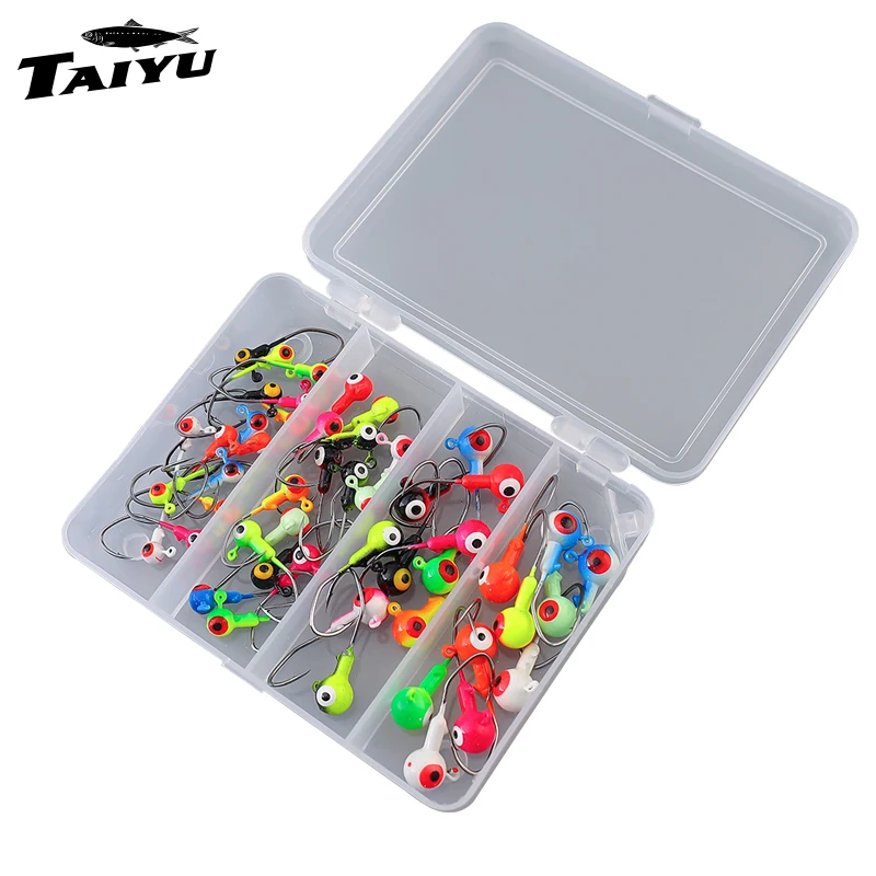 TAIYU 50 unids/set Micro anzuelos coloridos irregulares ganchos de cabeza de plomo para trucha Panfish lubina flujo pequeño Micro cebo con caja