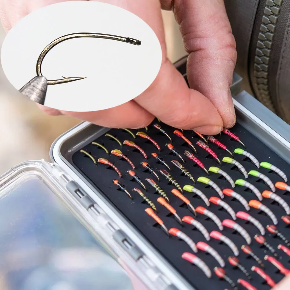 50 Uds. Anzuelo de pesca de carpa curvado con púas negras de acero al carbono de alto fuerte, anzuelo circular con mosca, ninfas, anzuelo con mosca de huevo húmedo - imagen 4