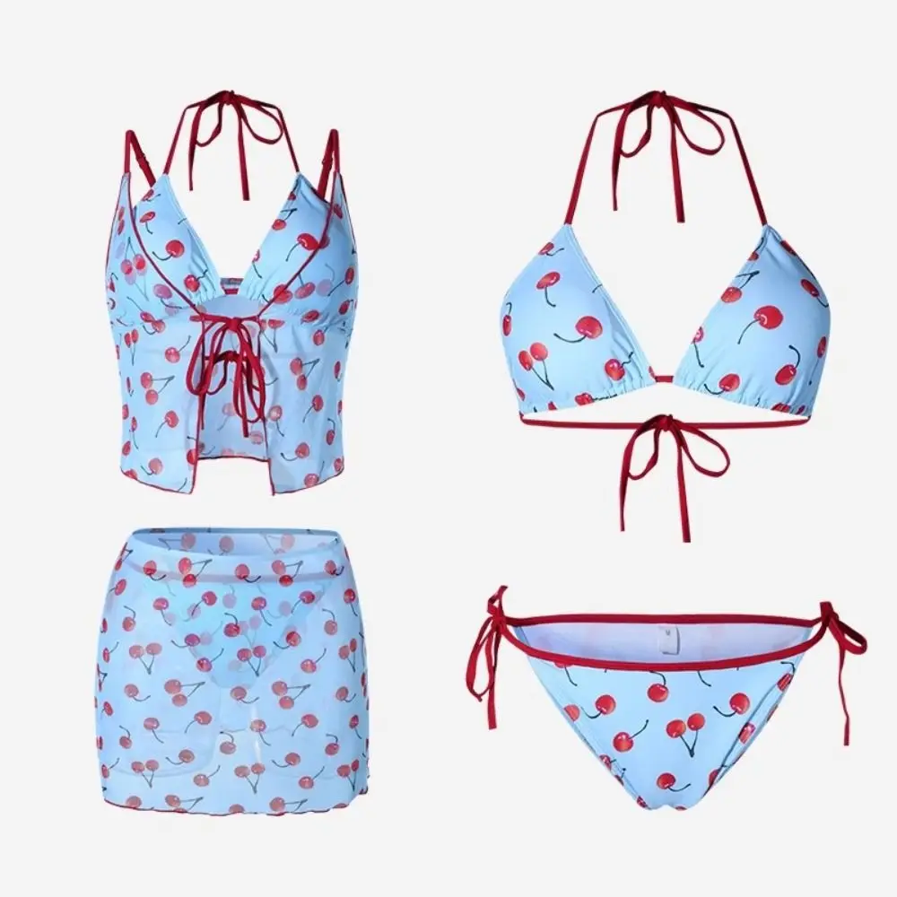 Pure Desire-Conjunto de Bikini de cereza de Color puro, traje de baño Sexy de malla con realce y cordones, traje de baño con estampado de cuello en V para vacaciones de verano - imagen 3
