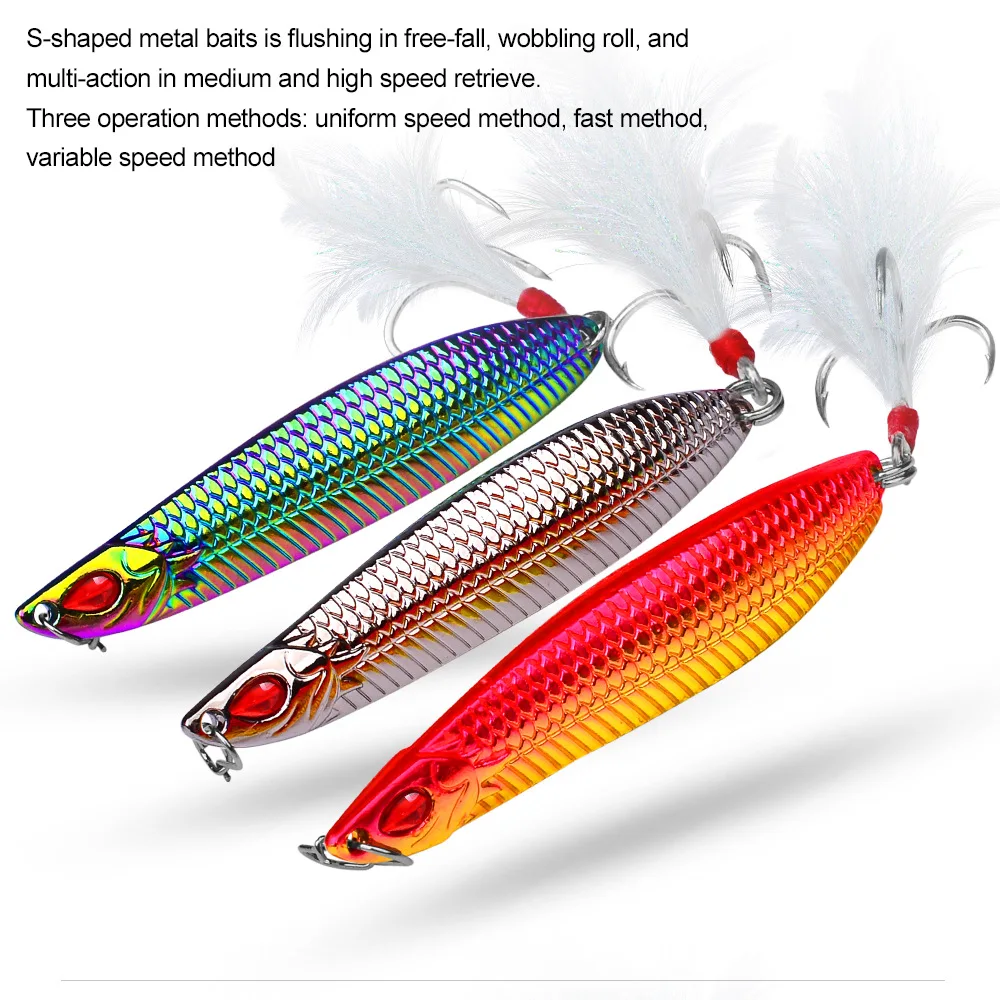 Señuelos de cucharas de Metal para Pesca, cebo duro con lentejuelas en forma de S, anzuelos triples, Spinnerbait Artificial para aparejos fundidos de lubina, Pesca en agua salada - imagen 5