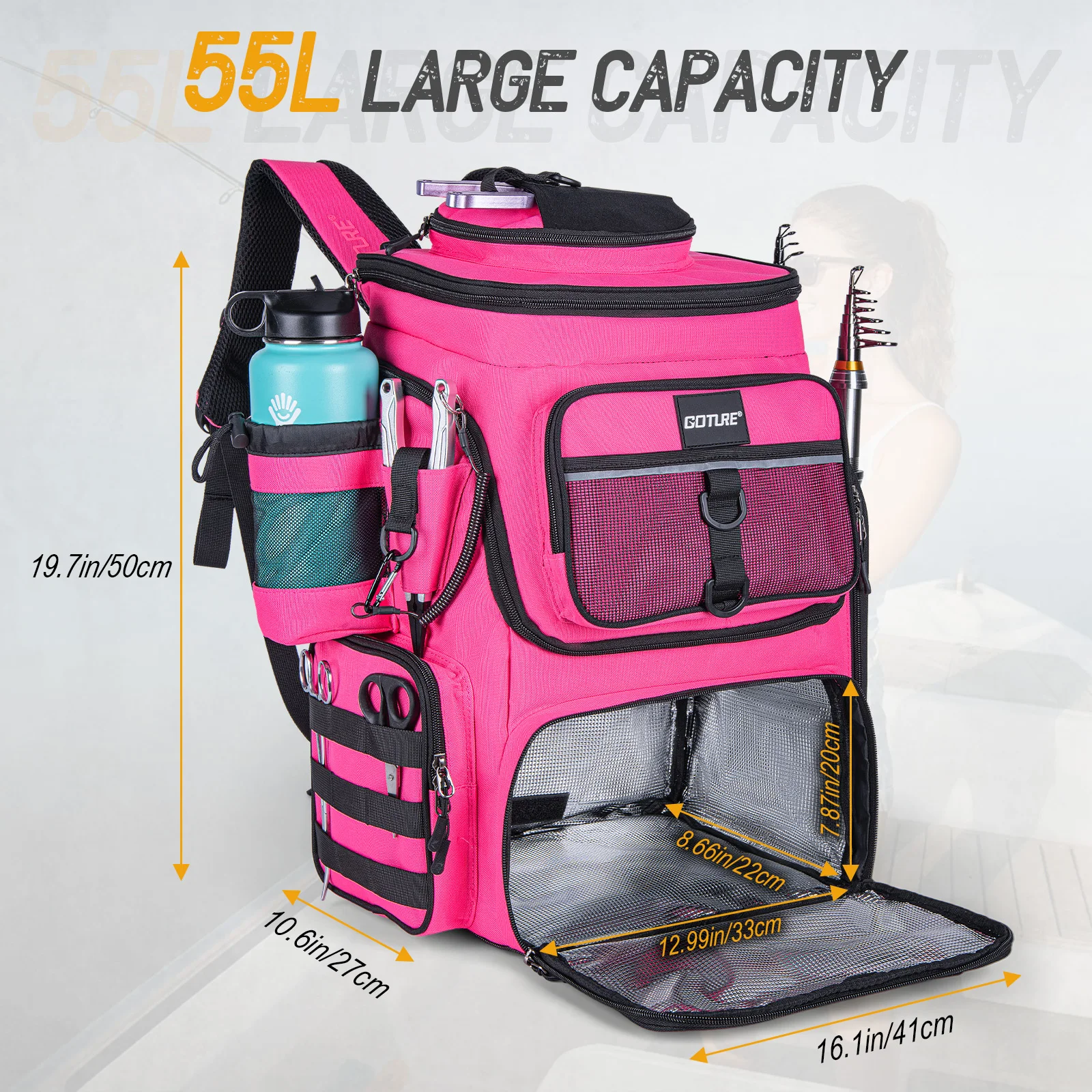 Goture Mochila de Pesca Impermeable Oxford 900D con Portacañas - imagen 3