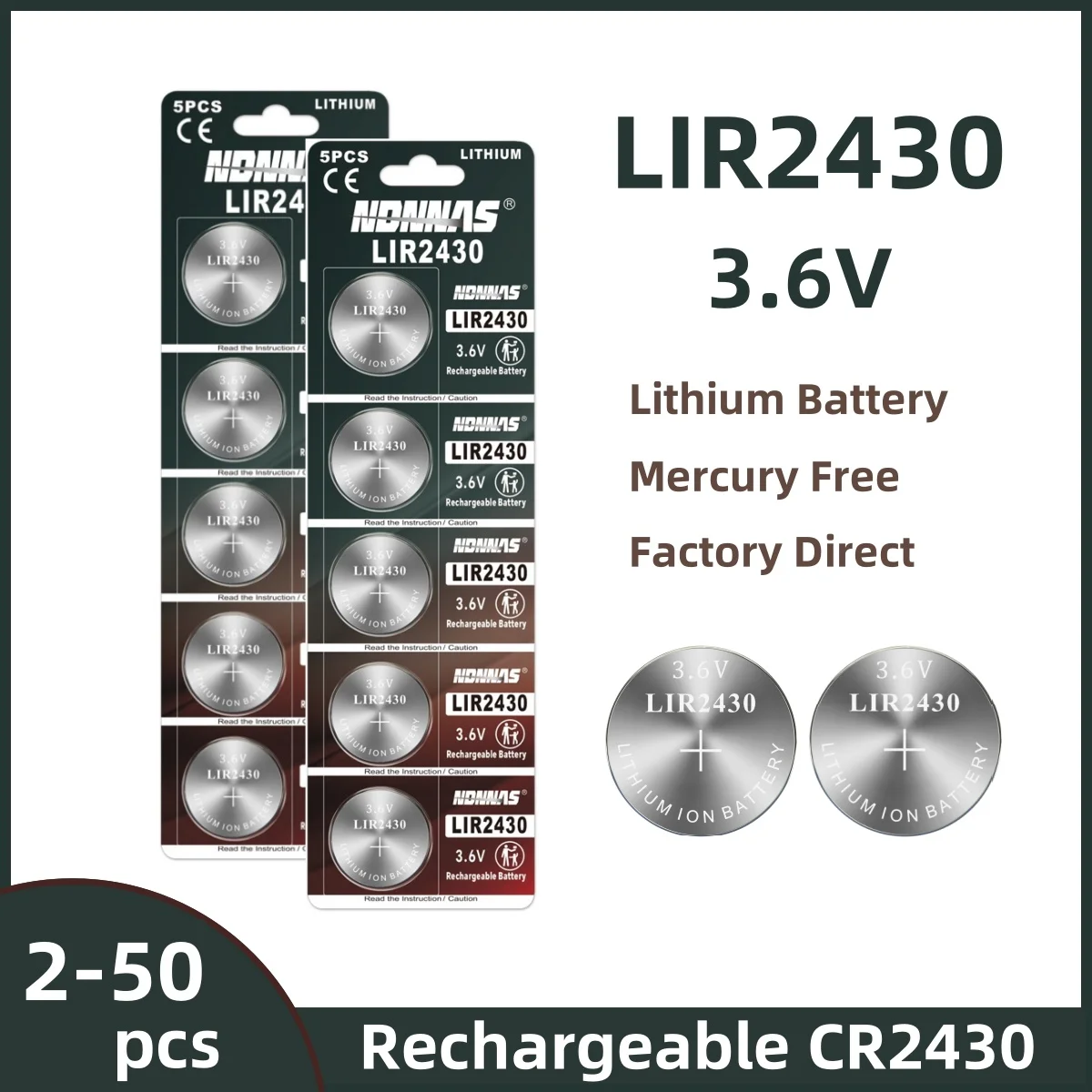 Batería LIR2430 3,6V 60mAh recargable para equipos de pesca