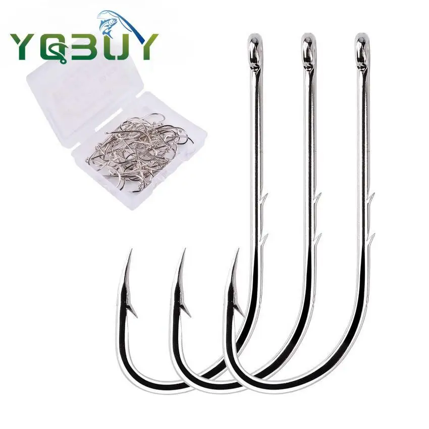 50 Uds. Gancho de pesca de mango largo en caja con espinas dobles en la parte posterior, gancho húmedo de acero rico en carbono con mango recto