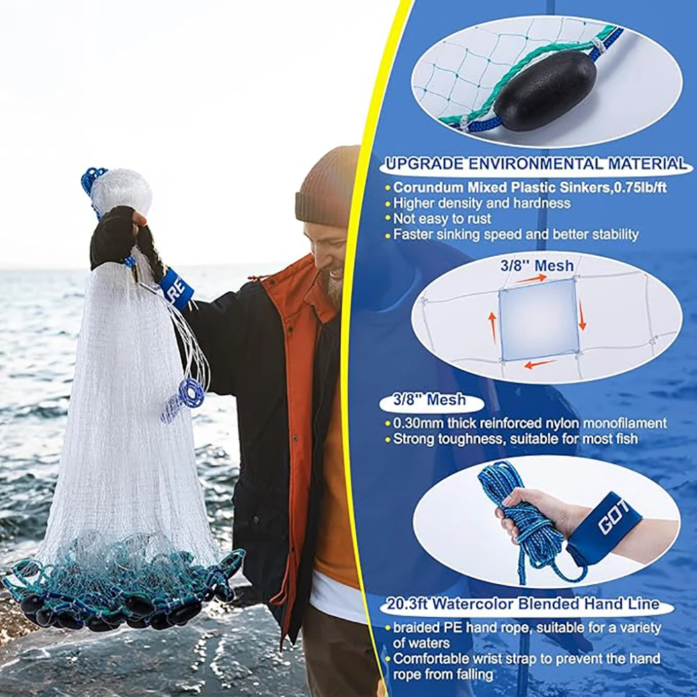Red de pesca Goture, redes fundidas para pesca, radio de 3 pies-12 pies, red de fácil lanzamiento para agua salada, tamaño de malla de 3/8 pulgadas para trampa de red de cebo con cubo - imagen 3