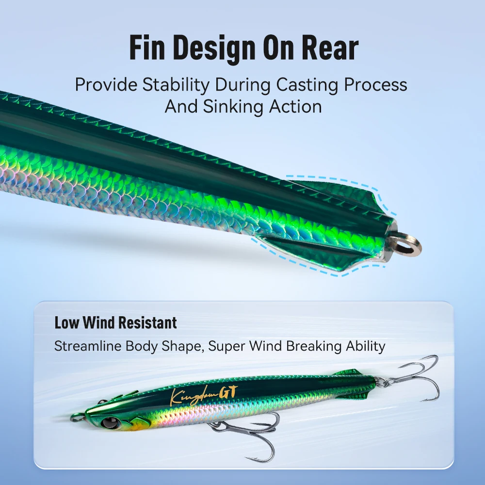 Señuelo de pesca Kingdom, cebo tipo lápiz que se hunde en agua salada, 62g, 90g, 110g, señuelo para trucha y lubina, anzuelo triple, aparejos de pesca Pecsa de fundición larga - imagen 5