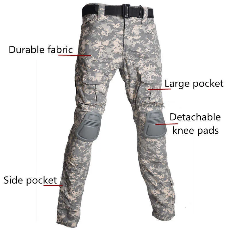Pantalones de escalada, pantalones de camuflaje para exteriores, pantalones tácticos, tela de caza, pantalones de senderismo, pantalones Cargo de combate de Paintball + rodillera resistente al desgaste - imagen 4