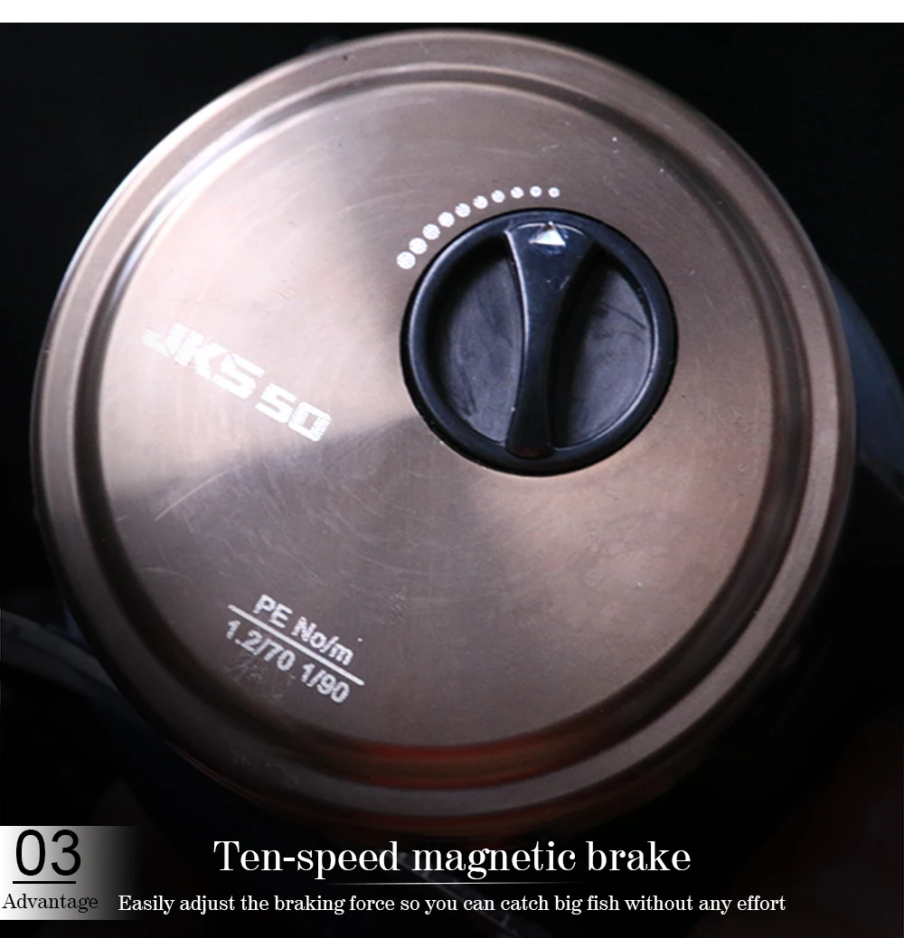 Carrete de pesca totalmente metálico, rueda de tambor, carrete de señuelo de curricán de fundición de cebo, 11 + 1 rodamientos, cubierta de Metal, carrete de aleación, mango de carbono JKS51 - imagen 5